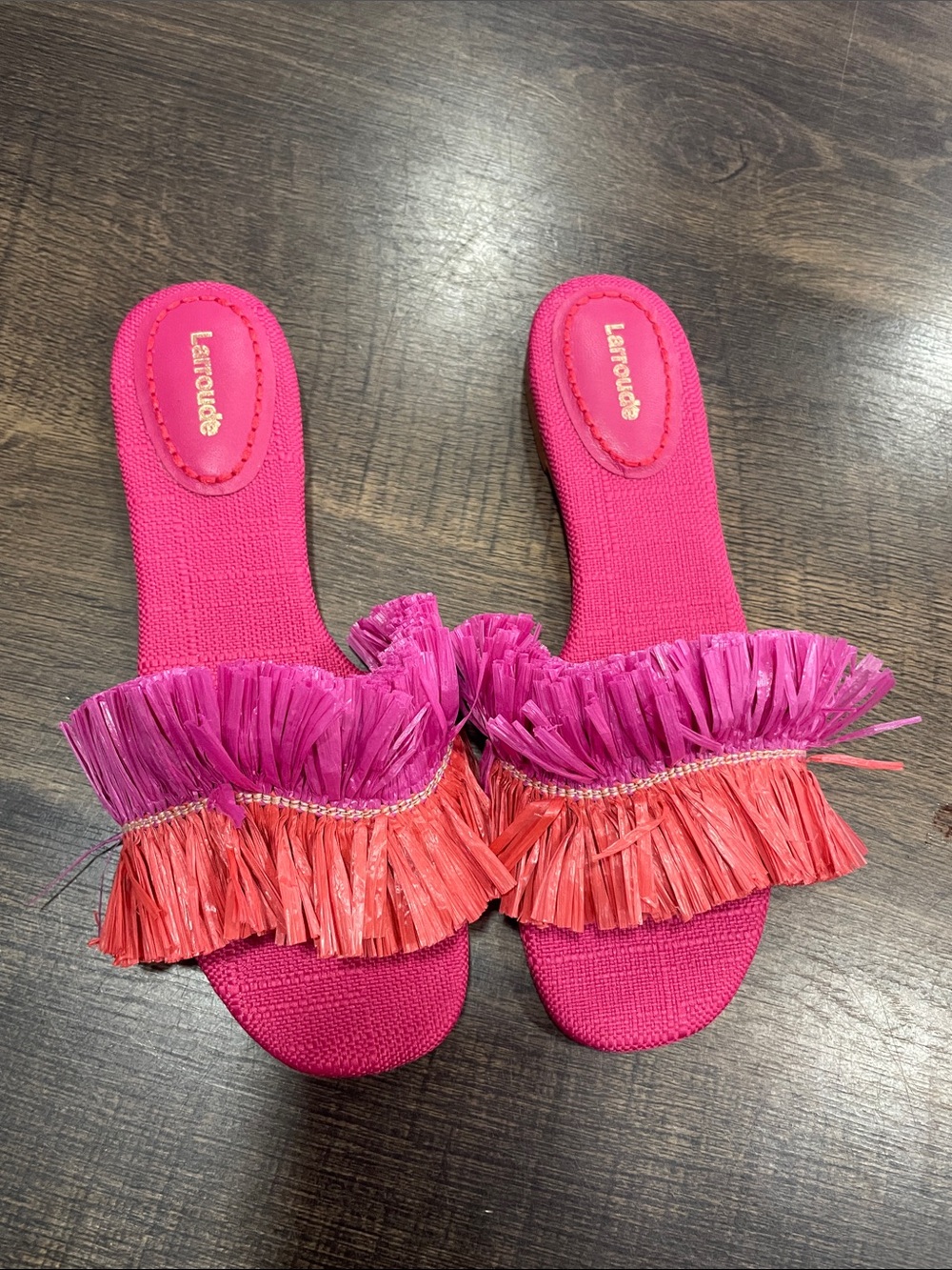 Larroude Pink and Coral Fringe Slide Sandals